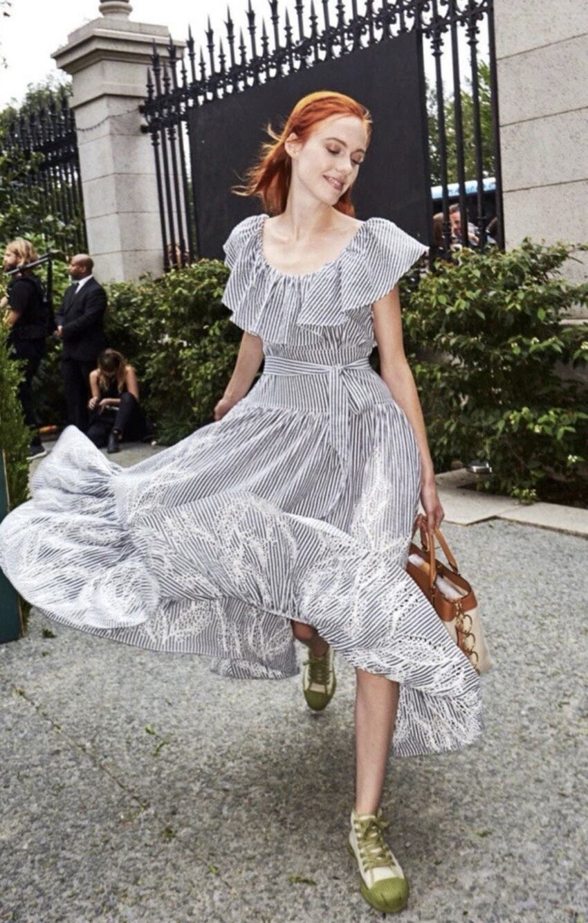 Tory Burch Eyelet Embroidered Seersucker Stripe Ruffles Midi Dress 0 $548